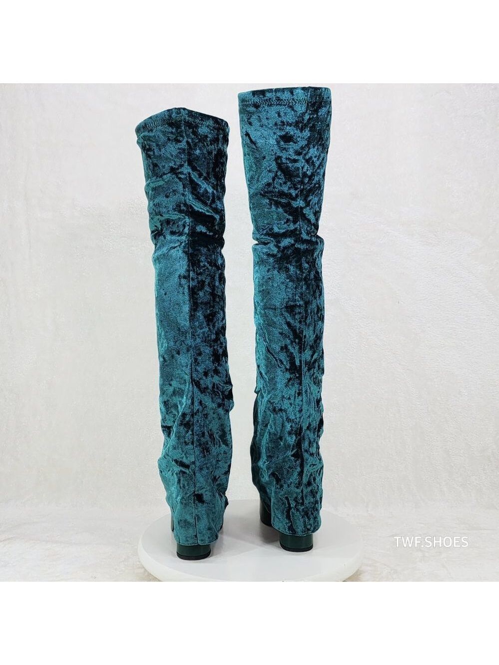 Good Will Unique Thigh High Emerald Velvet Fold over Chunky Heel Platform Boots - Picture 11 of 15